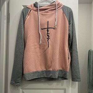 Light pink and gray double hooded faith sweatshirt. From Amazon.